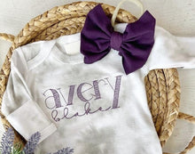 Load image into Gallery viewer, Personalized baby girl romper and bow set, infant coming home outfit, baby shower gift, sleeper with footies, purple gray, custom name,