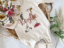 Load image into Gallery viewer, Personalized baby girl romper and hat set, vintage floral infant coming home outfit,custom baby shower gift, sleeper with footies, pink gold