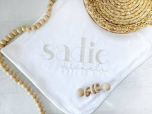 Load image into Gallery viewer, Personalized baby blanket, custom name infant coming home outfit, baby shower gift, baby girl, baby boy name blanket, pink, blue, green