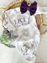 Load image into Gallery viewer, Personalized baby girl romper and bow set, infant coming home outfit, baby shower gift, sleeper with footies, purple gray, custom name,