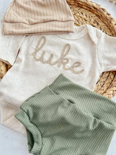 Load image into Gallery viewer, Personalized green, and beige newborn outfit, custom name boy, coming home outfit for baby boy, baby boy outfit, hospital outfit for boy
