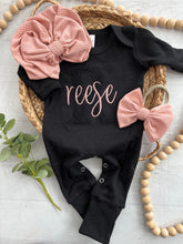Load image into Gallery viewer, Personalized black baby romper and bow set, custom coming home outfit, black lace girl outfit, baby shower gift, neutral, tone on tone