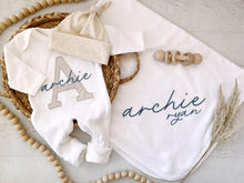 Load image into Gallery viewer, Personalized neutral baby romper and hat set, custom infant boy coming home outfit, baby shower gift, sleeper with footies
