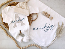 Load image into Gallery viewer, Personalized neutral baby romper and hat set, custom infant boy coming home outfit, baby shower gift, sleeper with footies