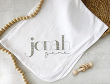 Load image into Gallery viewer, Personalized baby blanket, custom name infant coming home outfit, baby shower gift, baby girl, baby boy name blanket, pink, blue, green