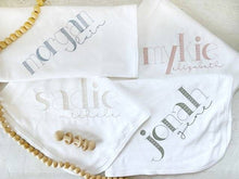 Load image into Gallery viewer, Personalized baby blanket, custom name infant coming home outfit, baby shower gift, baby girl, baby boy name blanket, pink, blue, green