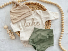 Load image into Gallery viewer, Personalized green, and beige newborn outfit, custom name boy, coming home outfit for baby boy, baby boy outfit, hospital outfit for boy