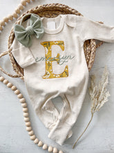 Load image into Gallery viewer, Personalized baby girl romper and hat set, vintage floral infant coming home outfit, baby shower gift, sleeper with footies, custom name