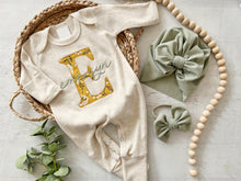 Load image into Gallery viewer, Personalized baby girl romper and hat set, vintage floral infant coming home outfit, baby shower gift, sleeper with footies, custom name