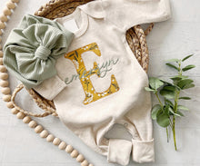 Load image into Gallery viewer, Personalized baby girl romper and hat set, vintage floral infant coming home outfit, baby shower gift, sleeper with footies, custom name