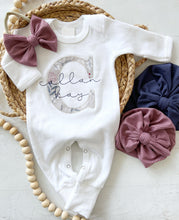Load image into Gallery viewer, Personalized baby girl romper and hat set, custom name vintage floral infant coming home outfit, baby shower gift, sleeper with footies pink
