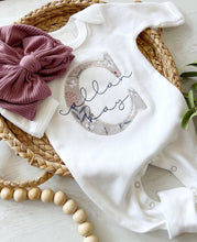 Load image into Gallery viewer, Personalized baby girl romper and hat set, custom name vintage floral infant coming home outfit, baby shower gift, sleeper with footies pink