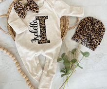 Load image into Gallery viewer, Personalized leopard romper and turban set, custom girl coming home outfit, baby shower gift, beige and leopard, cheetah, baby turban