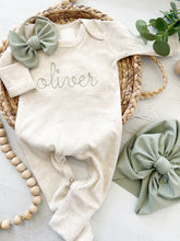 Load image into Gallery viewer, Personalized oatmeal and sage vintage stitch girl romper with bow or turban, custom girl coming home outfit, baby shower gift