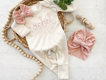 Load image into Gallery viewer, Personalized oatmeal and blush vintage stitch girl romper with bow or turban, custom girl coming home outfit, baby shower gift