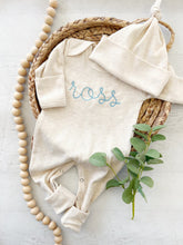 Load image into Gallery viewer, Personalized oatmeal and dusty light blue vintage stitch romper with hat, custom gender baby boy coming home outfit, baby shower gift