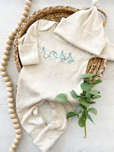 Load image into Gallery viewer, Personalized oatmeal and dusty light blue vintage stitch romper with hat, custom gender baby boy coming home outfit, baby shower gift