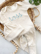 Load image into Gallery viewer, Personalized oatmeal and dusty light blue vintage stitch romper with hat, custom gender baby boy coming home outfit, baby shower gift