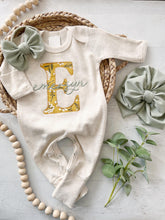 Load image into Gallery viewer, Personalized baby girl romper and hat set, vintage floral infant coming home outfit, baby shower gift, sleeper with footies, custom name