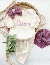 Load image into Gallery viewer, Personalized oatmeal and vintage mauve romper with bow or turban, custom girl coming home outfit, baby shower gift