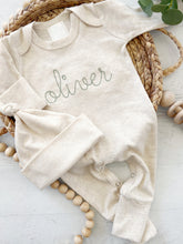 Load image into Gallery viewer, Personalized oatmeal and sage vintage stitch romper with hat, custom baby boy coming home outfit, baby shower gift