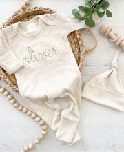 Load image into Gallery viewer, Personalized oatmeal and sage vintage stitch romper with hat, custom baby boy coming home outfit, baby shower gift