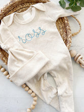 Load image into Gallery viewer, Boy girl twin coming home outfits, oatmeal footed sleeper, blue, pink, twin baby outfit, baby shower gift, minimalist baby, romper outfit