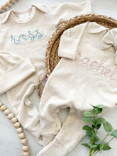 Load image into Gallery viewer, Boy girl twin coming home outfits, oatmeal footed sleeper, blue, pink, twin baby outfit, baby shower gift, minimalist baby, romper outfit