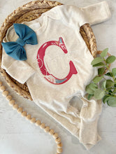 Load image into Gallery viewer, Personalized baby girl romper and hat set, vintage floral infant coming home outfit, baby shower gift, sleeper with footies, red blue beige