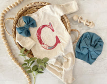 Load image into Gallery viewer, Personalized baby girl romper and hat set, vintage floral infant coming home outfit, baby shower gift, sleeper with footies, red blue beige