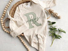 Load image into Gallery viewer, Personalized neutral baby romper and hat set, custom infant boy coming home outfit, baby shower gift, beige sleeper with footies, Sage Green
