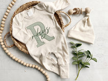Load image into Gallery viewer, Personalized neutral baby romper and hat set, custom infant boy coming home outfit, baby shower gift, beige sleeper with footies, Sage Green