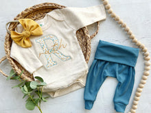 Load image into Gallery viewer, Personalized blue yellow newborn outfit,custom name girl, coming home outfit for baby girl, baby girl outfit, hospital outfit girl, floral