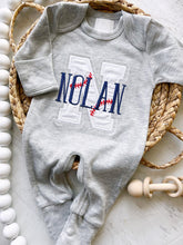 Load image into Gallery viewer, Personalized baseball baby romper, embroidered baseball baby outfit, baseball romper for baby, custom name baby outfit, blue