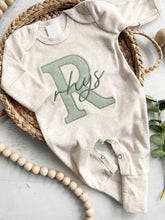 Load image into Gallery viewer, Personalized neutral baby romper and hat set, custom infant boy coming home outfit, baby shower gift, beige sleeper with footies, Sage Green