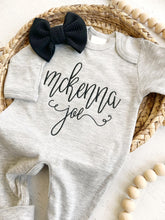 Load image into Gallery viewer, Personalized gray romper with bow, custom girl coming home outfit, baby shower gift, custom baby name outfit, black bow