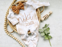 Load image into Gallery viewer, Personalized beige vintage stitch romper with bow custom gender neutral coming home outfit baby shower gift custom name outfit for baby girl
