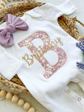Load image into Gallery viewer, Personalized baby girl romper and hat set, vintage floral infant coming home outfit, baby shower gift, sleeper with footies, purple gold