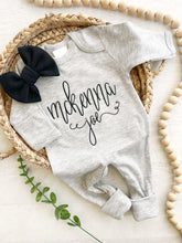 Load image into Gallery viewer, Personalized gray romper with bow, custom girl coming home outfit, baby shower gift, custom baby name outfit, black bow