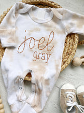 Load image into Gallery viewer, Personalized beige tan vintage stitch romper custom gender neutral coming home outfit baby boy shower gift custom name baby outfit