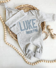 Load image into Gallery viewer, Personalized name blue baby newborn outfit coming home outfit for baby boy baby outfit pictures hospital outfit for boy baby shower gift
