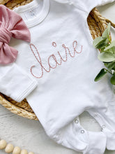 Load image into Gallery viewer, Personalized white baby romper blush vintage stitch girl romper with bow custom girl coming home outfit baby shower gift going home