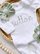 Load image into Gallery viewer, Personalized white baby romper sage green vintage stitch girl romper with bow custom girl coming home outfit baby shower gift hospital