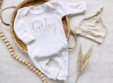 Load image into Gallery viewer, Personalized beige and white vintage stitch boy romper with hat custom boy coming home outfit baby shower gift hospital pictures family baby