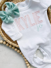 Load image into Gallery viewer, Personalized pink baby girl romper newborn outfit girl coming home outfit for baby girl cool tones baby outfit hospital outfit for girl