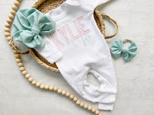 Load image into Gallery viewer, Personalized pink baby girl romper newborn outfit girl coming home outfit for baby girl cool tones baby outfit hospital outfit for girl