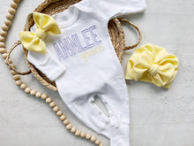 Load image into Gallery viewer, Personalized purple baby girl romper newborn outfit girl coming home outfit for baby girl baby outfit hospital outfit for girl yellow