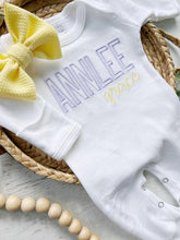 Load image into Gallery viewer, Personalized purple baby girl romper newborn outfit girl coming home outfit for baby girl baby outfit hospital outfit for girl yellow
