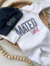 Load image into Gallery viewer, Personalized red white blue newborn outfit, coming home outfit for baby boy, baby boy outfit hospital outfit for boy 4th of july fourth