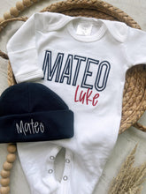 Load image into Gallery viewer, Personalized red white blue newborn outfit, coming home outfit for baby boy, baby boy outfit hospital outfit for boy 4th of july fourth